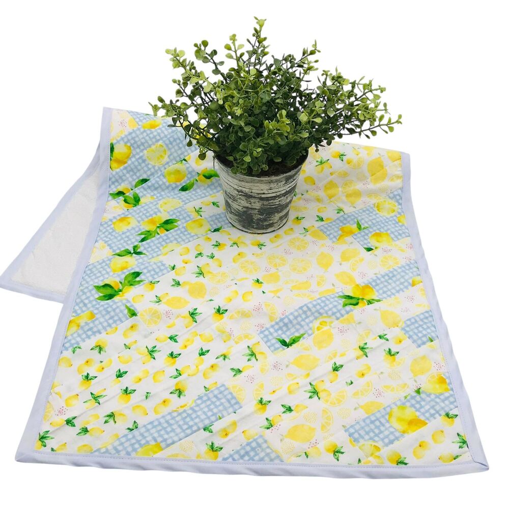 Handmade Quilted Tablerunner Lemon Kitchen Stepping Blocks Slanted 32x15 Inch